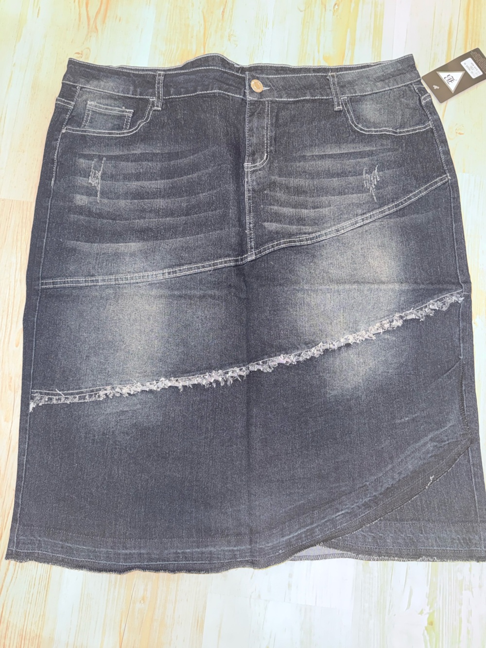 Be-Girl Plus Size Modest Distressed Dark Wash Denim Skirt with Frayed Seam 3XL
